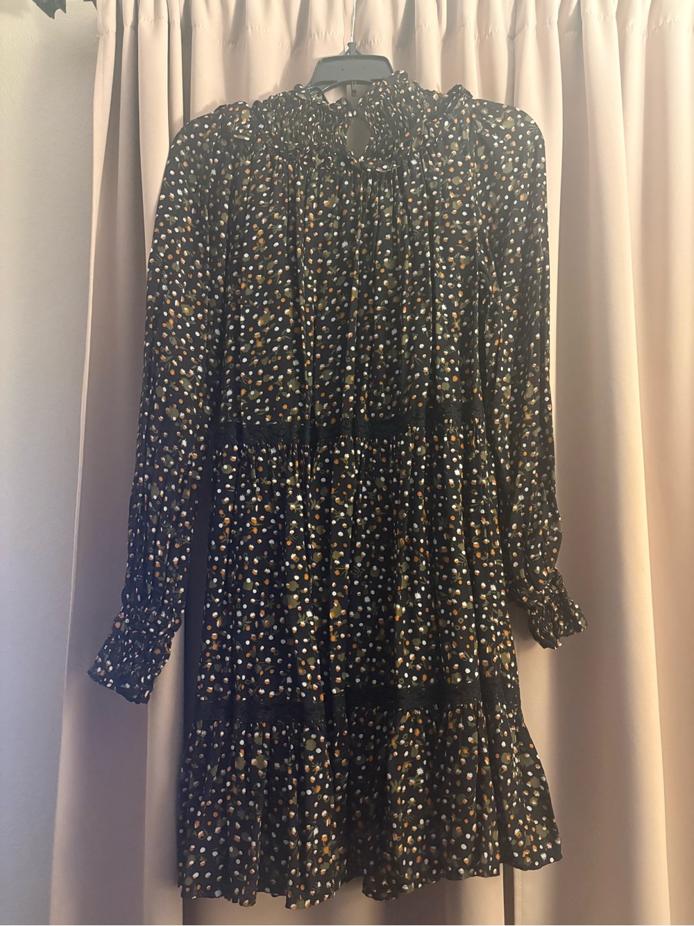 Scotch & Soda Black Long-Sleeve Tiered Dress with White and Mustard Dot Print